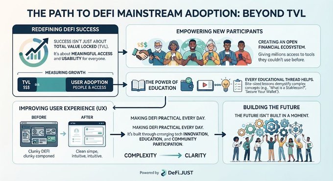 Infographic titled 'THE PATH TO DEFI MAINSTREAM ADOPTION: BEYOND TVL' powered by DeFi.Just, illustrating user adoption, education, UX improvements, and ecosystem building.