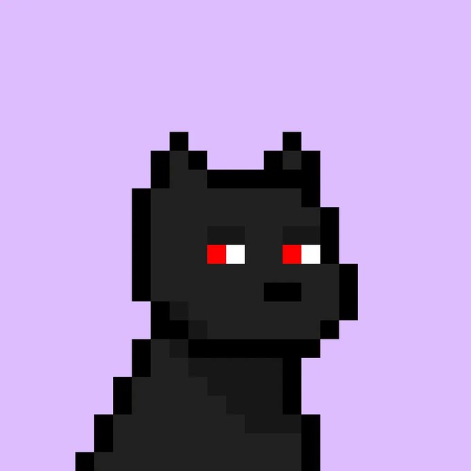 A pixel art black dog with red eyes sits against a lavender background, embodying the "Doginal Dog" theme of resilience and loyalty celebrated in the caption about refusing to give up in the market.