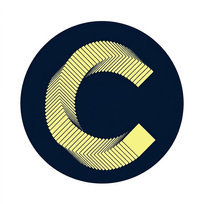 A graphic design features a large, stylized letter 'C' made of yellow striped patterns set against a dark navy blue circular background.