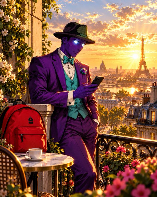 An artistic digital illustration depicting a purple-skinned figure in a purple suit and green vest, wearing a hat and using a smartphone, with glowing blue eyes, set on a Paris balcony overlooking the Eiffel Tower at sunset.