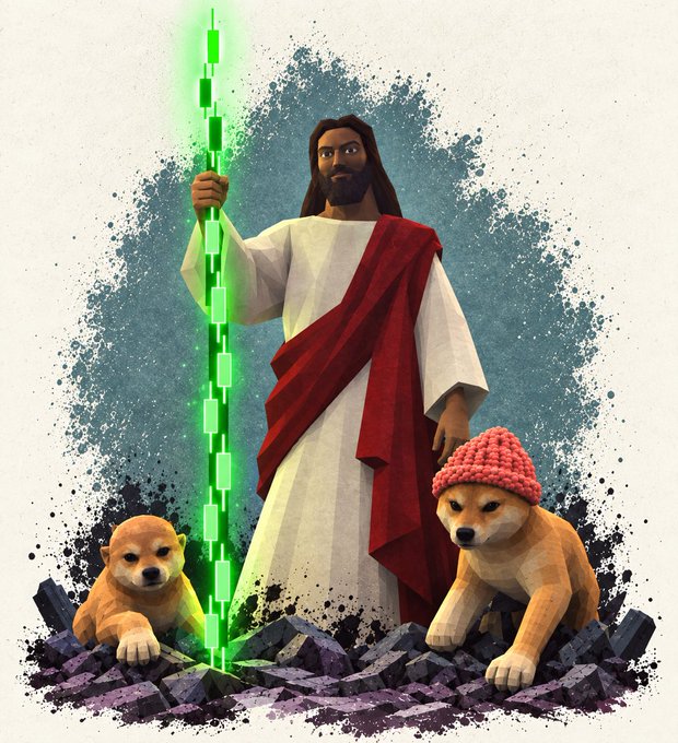 An artistic illustration depicts a Jesus-like figure in white robes with a red sash holding a glowing green candlestick chart staff, flanked by two Shiba Inu dogs (one wearing a pink beanie) on rocky terrain.