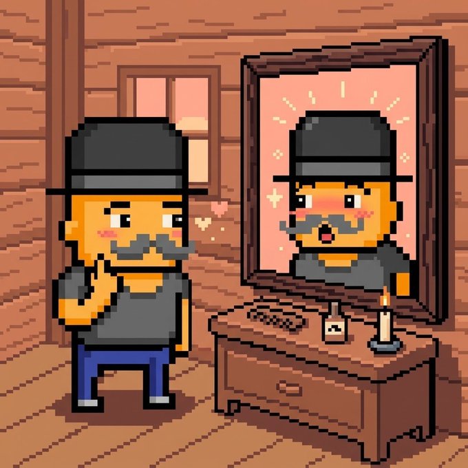 A pixel-art character with a mustache and fedora admires his dashing reflection in a mirror, with a tiny heart floating between them, fitting the "Bitcoin Bandits" collection's charming self-appreciative vibe. The vanity table holds a candle, watch, and the only hint of text—a small bottle with a star label—reinforcing the retro, suave aesthetic of the onchain NFT series.