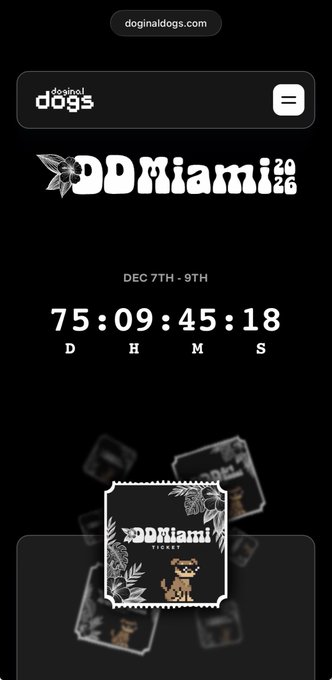 A dark webpage for 'doginaldogs.com' displaying 'DDMiami 2026' countdown timer showing 75:09:45:18 with 'DEC 7TH - 9TH' dates.