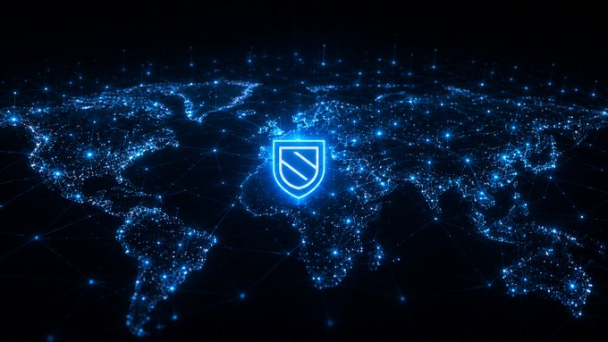 A digital world map with glowing blue network nodes and a blue shield icon in the center, representing global cybersecurity or network connectivity.