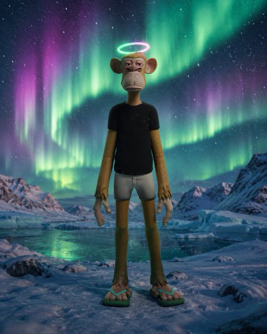 A 3D-rendered character of a lanky monkey-like figure wearing a black t-shirt, white shorts, and green flip-flops, standing under the aurora borealis with a glowing halo above its head.