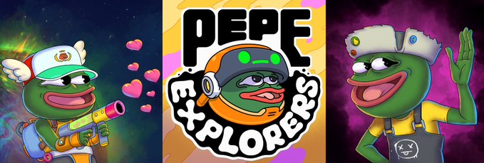 The image features a poster with three cartoon characters representing different Pepe Explorers. The poster has a gray background with white text that says "Pepe Explorers" at the top, followed by "@PepeExplorers" below the title, and finally, "Today we'r excited to officially launch the @PepeExplorers Discord!" Below these texts are three cartoon Peper characters in various poses. The first character is wearing a white hat with an orange stripe down the middle of it, while the other two characters have green hats on their heads.