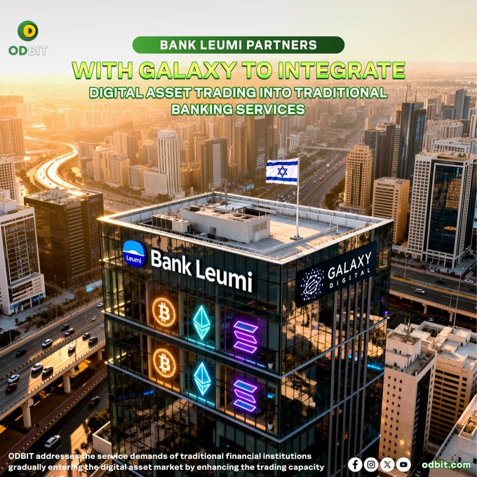 The image features a promotional graphic for ODBIT showing a Bank Leumi building with "GALAXY DIGITAL" branding and crypto symbols (Bitcoin, Ethereum, Solana) on its facade, set against an Israeli flag. The headline reads "BANK LEUMI PARTNERS WITH GALAXY TO INTEGRATE DIGITAL ASSET TRADING INTO TRADITIONAL BANKING SERVICES," highlighting the partnership's aim to merge crypto trading with conventional banking, as referenced in the post about Bank Leumi expanding into digital asset trading with Galaxy.