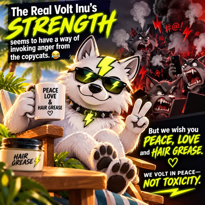 An illustrated promotional image titled 'The Real Volt Inu's STRENGTH' featuring a white dog character with lightning bolt sunglasses holding a 'PEACE LOVE & HAIR GREASE' mug, with angry cats in the background and text reading 'But we wish you PEACE, LOVE and HAIR GREASE. WE VOLT IN PEACE—NOT TOXICITY.'