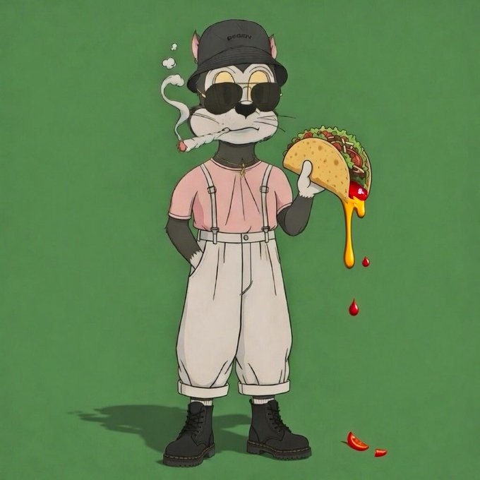 An illustrated anthropomorphic black and white cat wearing a cap, sunglasses, pink shirt, and white pants smokes a cigarette and holds a dripping taco against a green background.