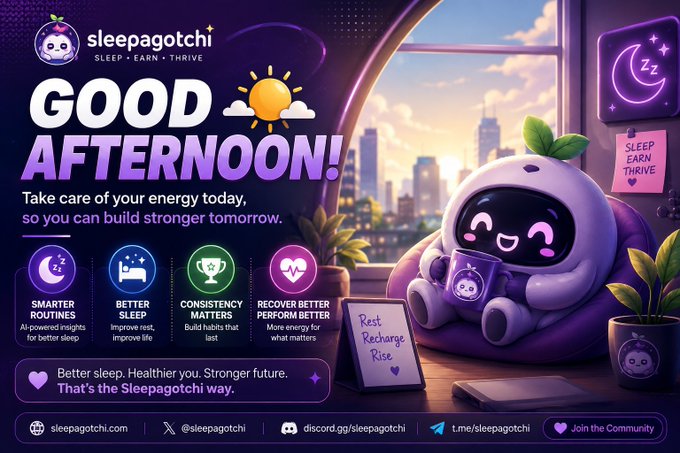 A promotional graphic for "Sleepagotchi" with the tagline "GOOD AFTERNOON!" featuring a cute purple robot-like character with a leaf, and benefits like "SMARTER ROUTINES", "BETTER SLEEP", "CONSISTENCY MATTERS", and "RECOVER BETTER".