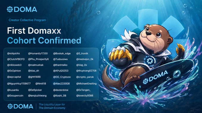 A DOMA 'First Domaxx Cohort Confirmed' announcement listing various Twitter handles under the 'Creator Collective Program' alongside an otter mascot surfing a wave.