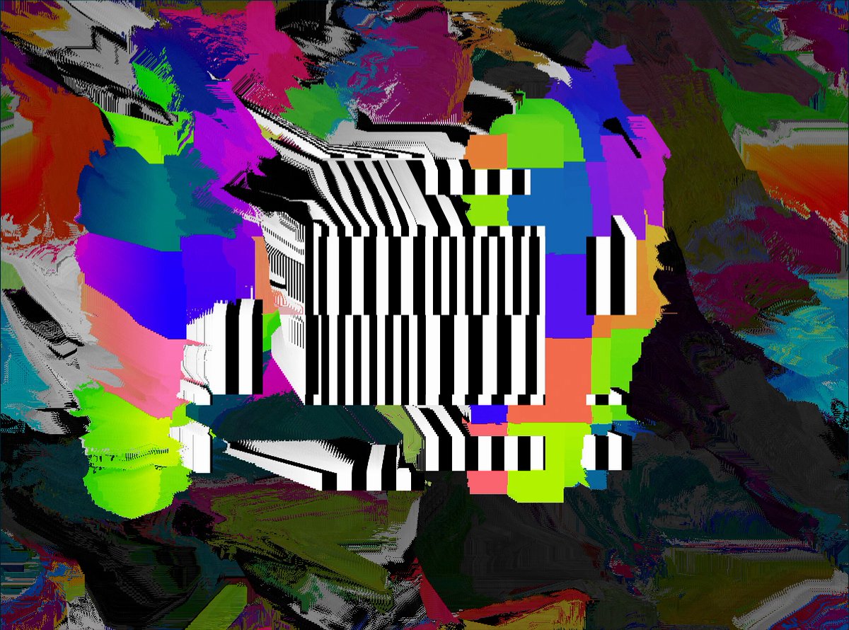 The image depicts an abstract painting featuring geometric shapes, such as a square with black and white stripes, surrounded by more intricate designs. The painting exhibits an unusual blend of colors, which may resemble a rainbow or neon effect, adding to its visual complexity. The post appears to be related to a social cause, specifically Pride Month, indicated by the use of #TezosPride2026 and the phrase "only 9 editions of 10 Rainbow Asthenia".
