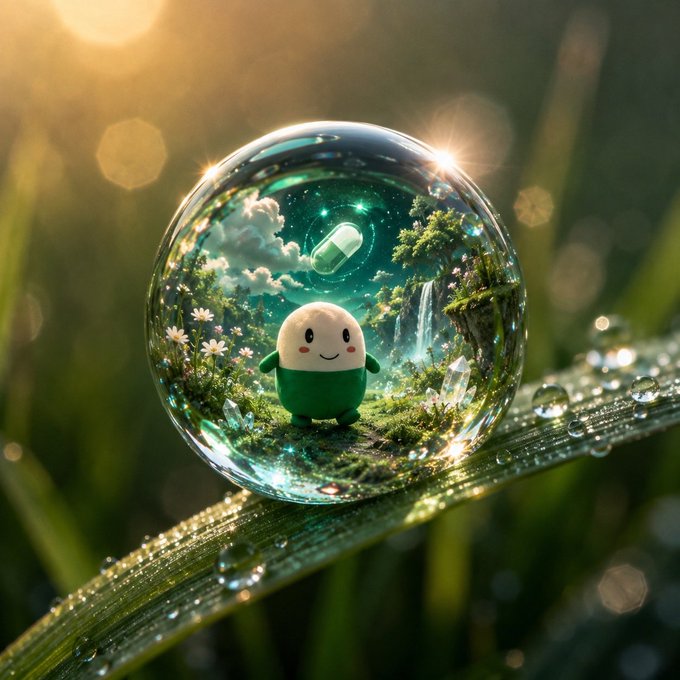 A glowing water droplet resting on a dew-covered grass blade reveals a miniature enchanted world inside, featuring a cute white pill-shaped mascot with a smiling face and green outfit standing among tiny trees, flowers, and waterfalls. The image visually captures the post's sentiment of "$CUPSEY" being a "cute little pill" destined for widespread success and new all-time highs, with the whimsical, precious bubble representing the token's charm and potential to "take over."