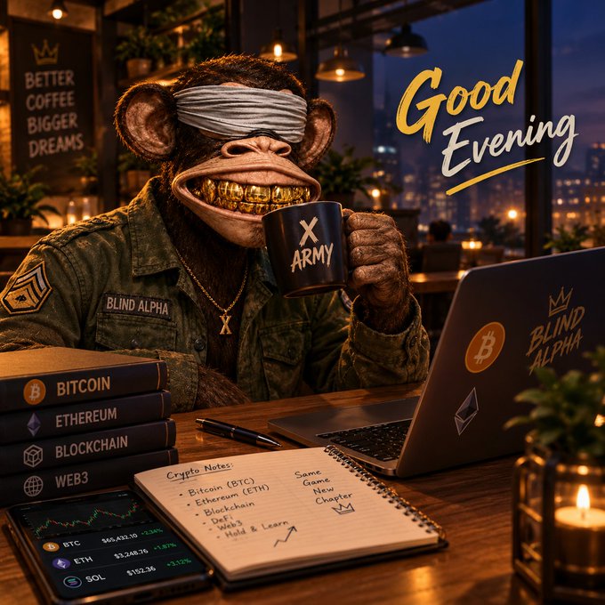 AI-generated image of a chimpanzee named "Blind Alpha" wearing a blindfold, gold grillz, and an X Army jacket, drinking from an "X ARMY" mug while sitting at a desk with crypto books labeled Bitcoin, Ethereum, Blockchain, and Web3, alongside a notebook with "Crypto Notes" and a laptop; text reads "Good Evening."