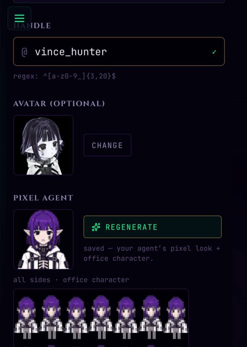 Profile setup page with the handle 'vince_hunter,' featuring an anime avatar and a purple-haired pixel agent character sprite.