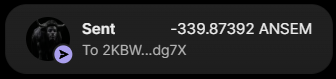 The image displays a crypto transaction notification showing a successful transfer of -339.87392 $ANSEM sent to the wallet address "2KBW...dg7X", supporting the post's announcement of airdropping $100 in ANSEM tokens.