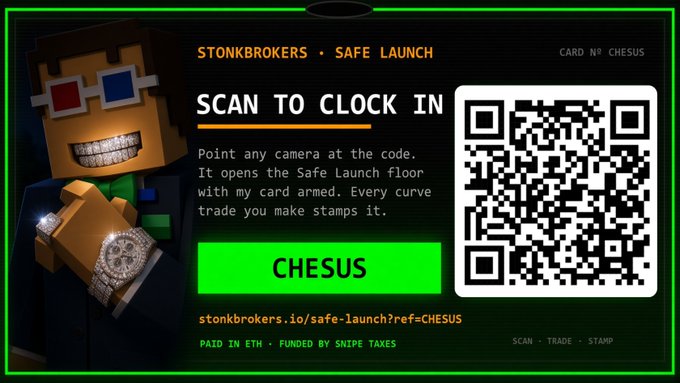 Promotional graphic for 'STONKBROKERS · SAFE LAUNCH' featuring a blocky pixel character, a QR code, and the URL stonkbrokers.io/safe-launch?ref=CHESUS.