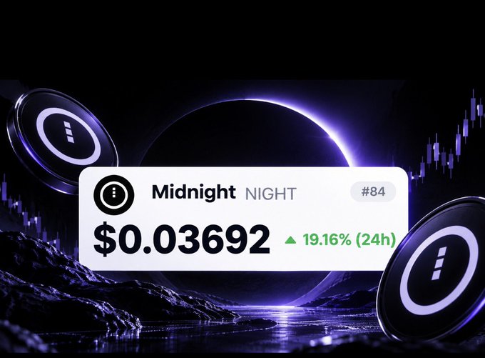 A promotional graphic for the cryptocurrency Midnight (NIGHT), ranked #84, displaying a price of $0.03692 with a 19.16% increase over 24 hours against a dark, cosmic background with coins.