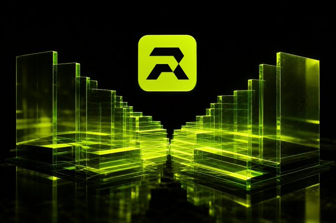A neon green and black stylized image featuring a geometric 'R' logo in a glowing green square, surrounded by translucent glass-like structures receding into a dark background.