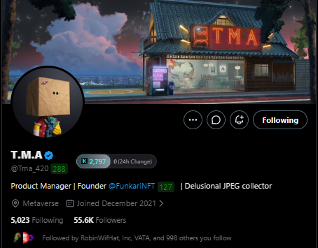 A Twitter profile for 'T.M.A' (@Tma_420) showing a cardboard box avatar, described as 'Product Manager | Founder @FunkariNFT 127 | Delusional JPEG collector' with 55.6K Followers.