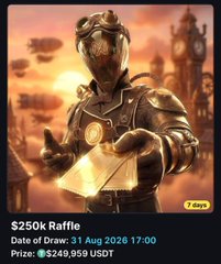 The image shows a promotional advertisement for a "$250k Raffle" with details stating the draw will take place on 31 Aug 2026 at 17:00, featuring an armored, masked character holding an envelope. The ad is associated with a post promoting MetaWin.com, highlighting a free entry opportunity to win the raffle prize, which currently has 4 days remaining for participation.