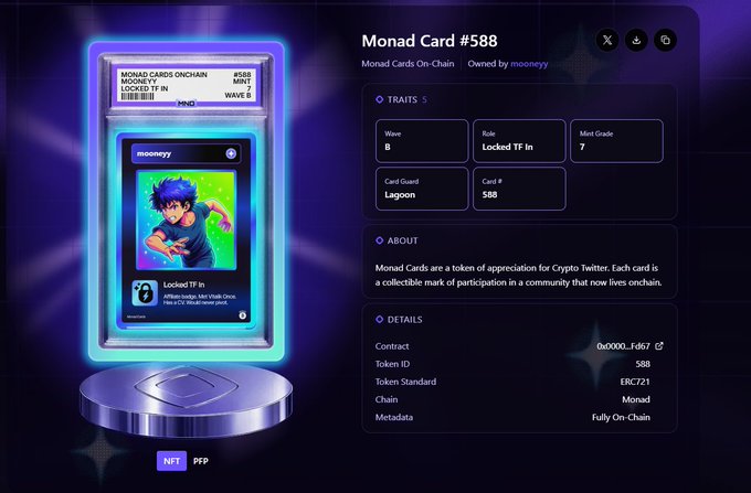 A digital display showing 'Monad Card #588' owned by 'mooneyy', featuring anime artwork of a blue-haired character labeled 'Locked TF In', with traits Wave B, Role Locked TF In, Mint Grade 7, Card Guard Lagoon, and Card #588 on the Monad blockchain.