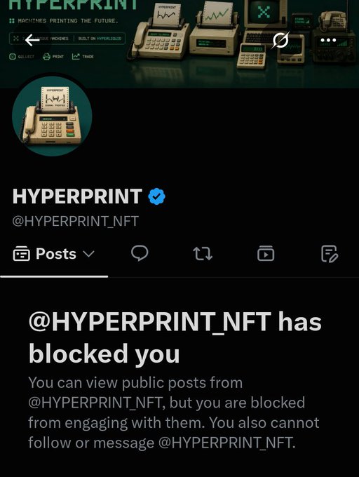 A Twitter/X profile page for @HYPERPRINT_NFT with retro computing imagery in the header, showing a message that the account has blocked the viewer.