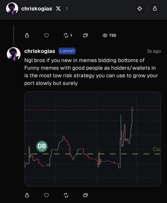 A screenshot of an X (Twitter) post by user 'chriskogias' discussing meme coin investment strategy alongside a candlestick trading chart.