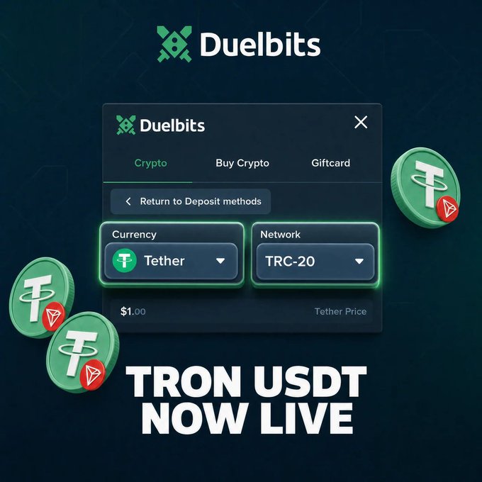 A Duelbits promotional graphic announcing 'TRON USDT NOW LIVE' with a deposit menu showing Tether on the TRC-20 network.