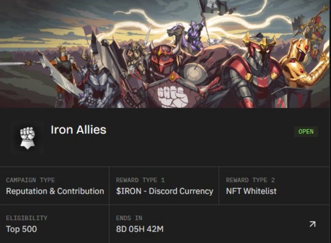 The image shows a campaign page for "Iron Allies" featuring an illustration of armored knights on horseback, with details indicating it's a Reputation & Contribution campaign for the Top 500, offering rewards of $IRON Discord Currency and an NFT Whitelist, ending in 8 days, 5 hours, and 42 minutes. The artwork of medieval warriors aligns with the post's discussion of the Lords NFT collection, emphasizing the project's onchain gaming and art collecting elements.