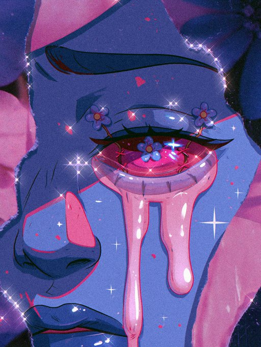 A stylized digital illustration of a blue-skinned face with a prominent pink nose, featuring a single visible eye filled with sparkling stars and overflowing with dripping pink liquid tears.
