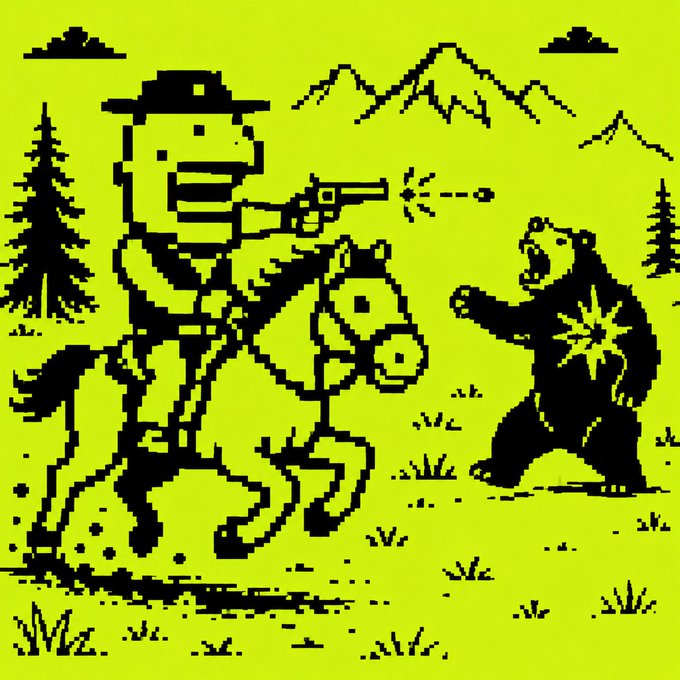 A retro 8-bit style pixel art image showing a cowboy on horseback shooting a pistol at an attacking bear against a bright yellow background.