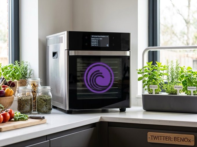 A modern kitchen counter with herbs and jars holds a high-tech smart oven with a digital display and a purple circular interface on its glass door.