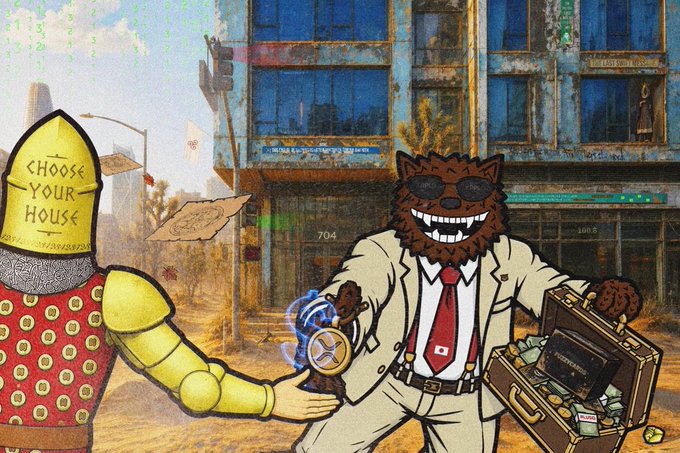 A cartoonish bull-like figure in a suit offers a briefcase of cash and a glowing token to a knight whose shield reads "CHOOSE YOUR HOUSE," symbolizing the dilemma of trusting the Fuzzy dev with consolidated funds. The background features a weathered building labeled "704," reinforcing the post's theme of whether to back the dev's decision to consolidate XRP and LP assets into a KYC'd wallet.