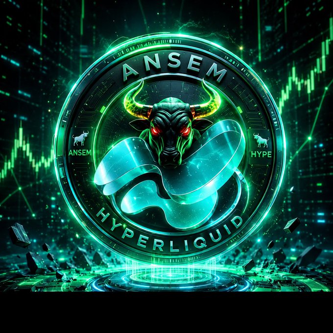 The image displays a glowing green crypto-style emblem featuring a fierce bull's head with neon green horns and red eyes at the center, encircled by the text "ANSEM" at the top and "HYPERLIQUID" at the bottom, with small bull silhouettes flanking the sides labeled "ANSEM" and "HYPE." Swirling teal ribbons and financial candlestick charts frame the badge, visually reinforcing the post's announcement that the $ANSEM bull is now live on Hyperliquid DEX for enhanced trading.