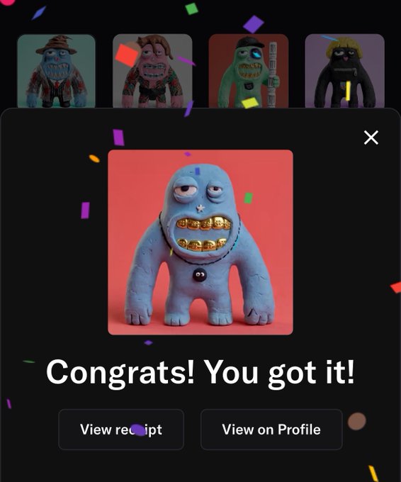 A 'Congrats! You got it!' screen showing a blue clay figurine with gold teeth, with options to view receipt or profile.