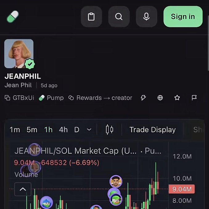 A cryptocurrency profile page for 'JEANPHIL' on a trading platform, showing a market cap chart for the JEANPHIL/SOL pair with a value of 9.04M and a -6.69% change.
