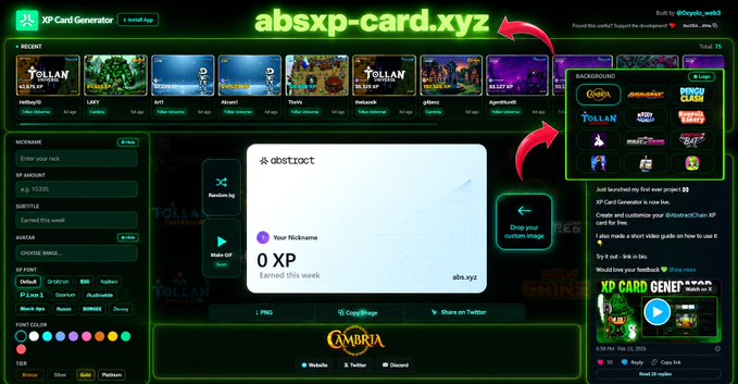 An XP Card Generator interface at absxp-card.xyz displays a customizable profile card for abstract with 0 XP earned, featuring various game-themed card backgrounds and customization options including nickname, avatar, XP font, and tier settings.