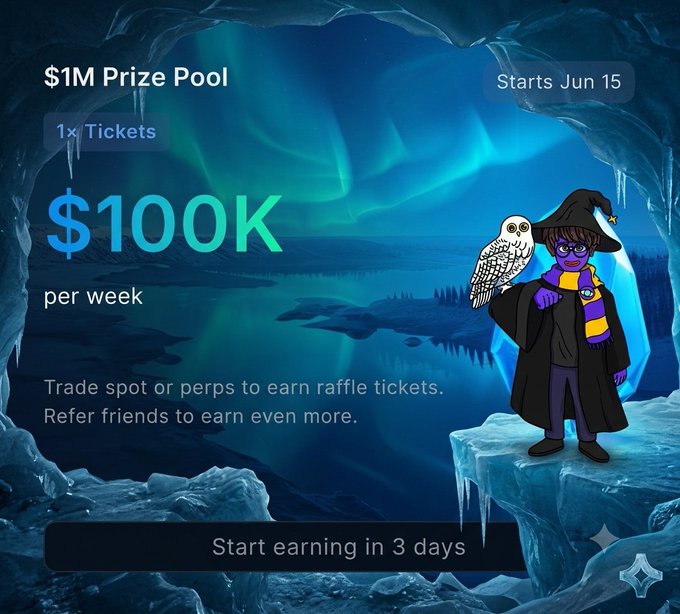 The image features a cartoon depiction of a boy dressed as a wizard holding an owl and standing at the top of a cliff next to an ice sculpture. Overlaying this scene are text pieces related to a magical raffle, which states that $1,000,000 will be awarded over the course of ten weeks by #nansen_ai in exchange for 100 tickets. The prizes include a vacation or trip, trade spot (or perps), or Perps trading to earn more tickets, depending on how the player stacks their tickets.