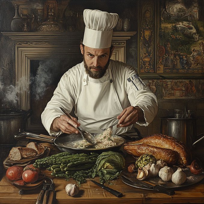 A classical-style oil painting of a bearded chef in a white toque and apron preparing food in a pan, surrounded by asparagus, tomatoes, garlic, and bread on a wooden table.