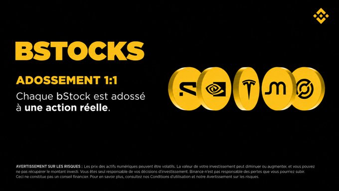 A digital advertisement for 'BSTOCKS' with a 1:1 backing ratio, showing logos for stocks including what appears to be a stylized 'A', an eye symbol, Tesla, and Meta in gold coins.