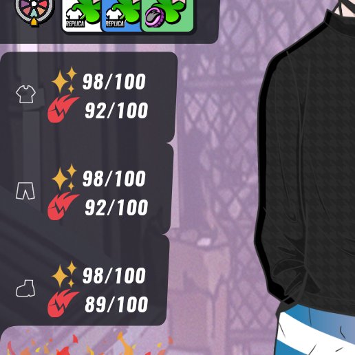 A character wearing a black quilted sweater with blue and white pants stands beside an interface panel showing item stats: a shirt with 98/100 sparkle and 92/100 flame, pants with 98/100 sparkle and 92/100 flame, and shoes with 98/100 sparkle and 89/100 flame. The image appears to relate to a HEAL3 (HEALTHREE) question about a potential bug in the item stat display values.