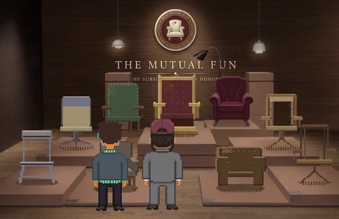 A pixel art scene of a furniture showroom titled "THE MUTUAL FUN" featuring various chairs and two pixelated characters standing in the foreground.
