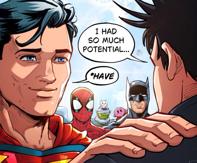 A comic book panel featuring Superman saying 'I HAD SO MUCH POTENTIAL...' to an unseen figure, with Spider-Man correcting him '*HAVE'. Batman, Kirby, and a small pink character appear in the background.