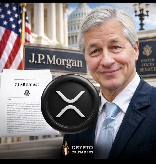 A digital composite image featuring a smiling older man with gray hair in front of a U.S. Capitol background, alongside J.P. Morgan signage, a document titled 'CLARITY Act,' and a large XRP cryptocurrency logo with a 'CRYPTO CRUSADERS' watermark.