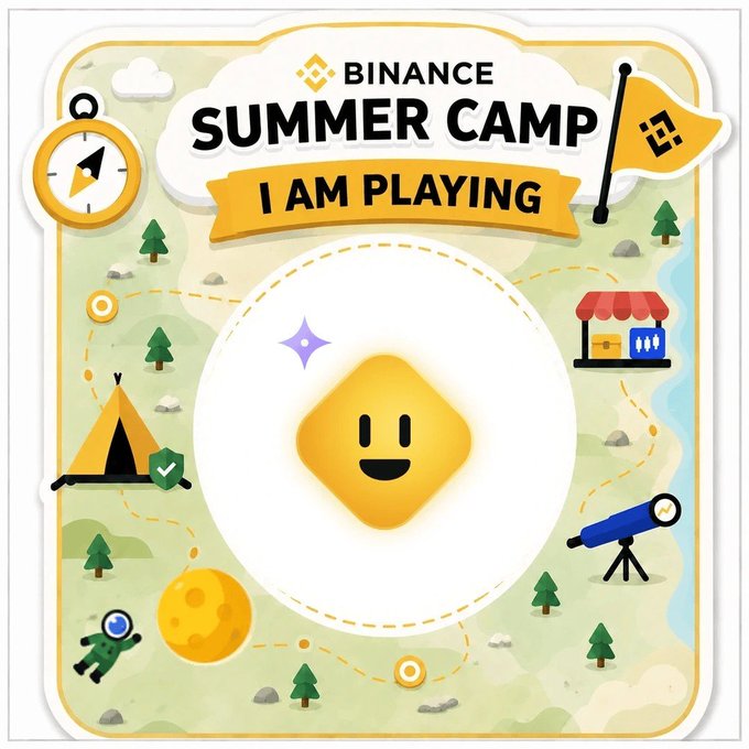 A promotional graphic for 'BINANCE SUMMER CAMP - I AM PLAYING' featuring a cartoon-style map with a smiling yellow Binance logo in the center, surrounded by tents, trees, and a telescope.
