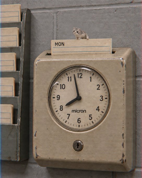 A vintage beige 'micron' time clock mounted on a wall showing the time at approximately 7:50, with a small plastic chipmunk figurine perched next to a punch card slot labeled 'MON'.