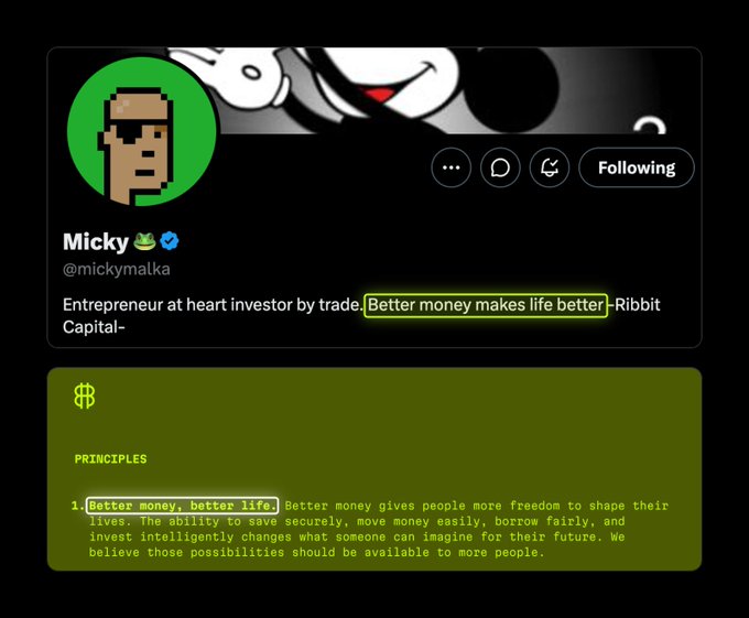 A screenshot of Micky’s verified X profile highlights the bio phrase “Better money makes life better” and a green principles panel repeating it as “Better money, better life.”