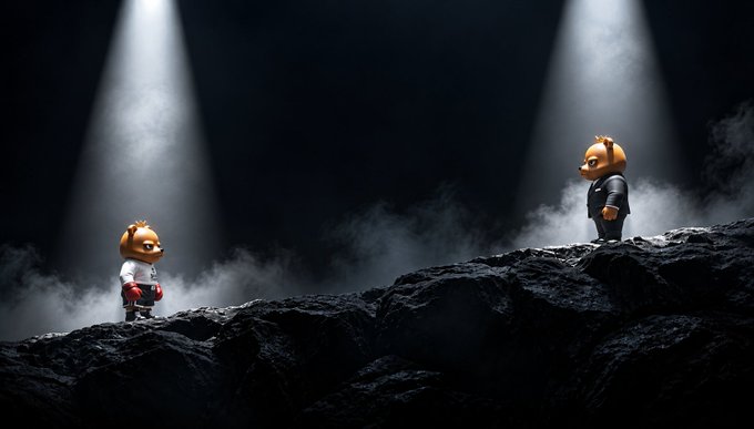 Two LEGO monkey figures dressed in suits and boxing gloves stand on opposite rocky cliffs under spotlights in a dark, smoky arena, appearing to face off before a match.