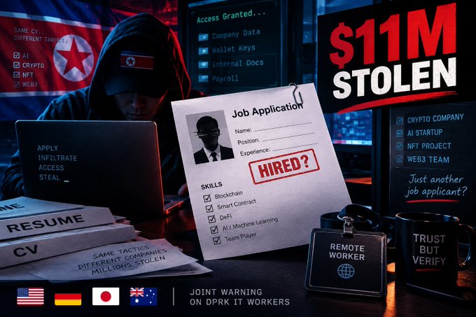 An AI-generated satirical image depicting a hooded North Korean hacker working on a laptop next to a 'Job Application' resume listing skills like Blockchain and Smart Contract, with headlines reading '$11M STOLEN' and 'JOINT WARNING ON DPRK IT WORKERS.'